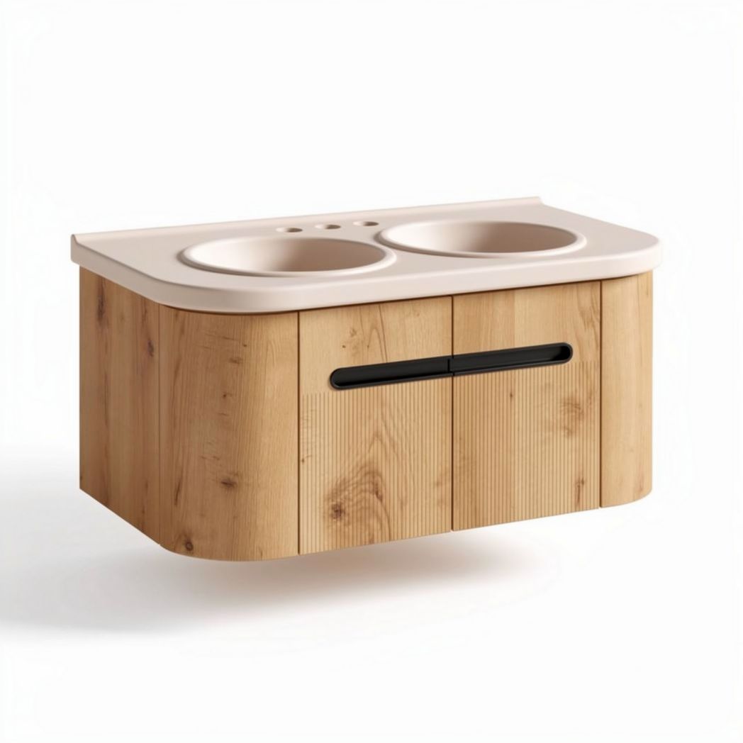 Wooden bathroom vanity with double sink and soft pink countertop 120 x 60 x 40cm