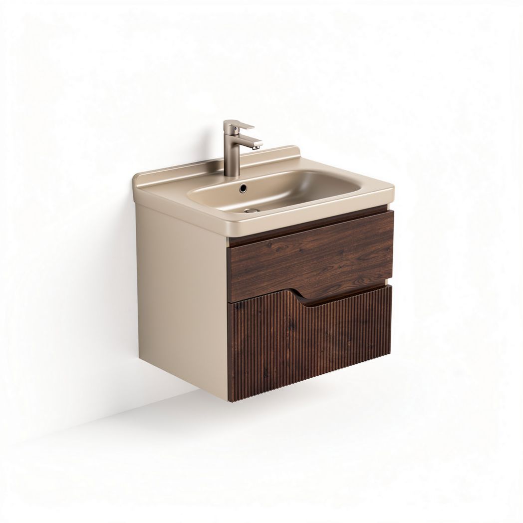 Wall-mounted bathroom vanity with dual drawers in beige and walnut wood 60 x 45 x 50cm