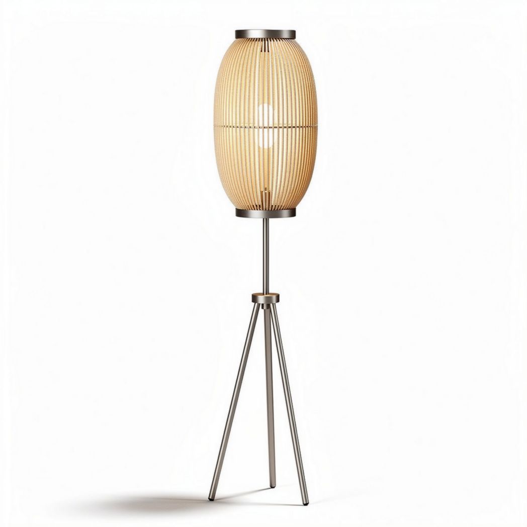 Wooden floor lamp with metal tripod base and beige shade 40 x 40 x 150cm