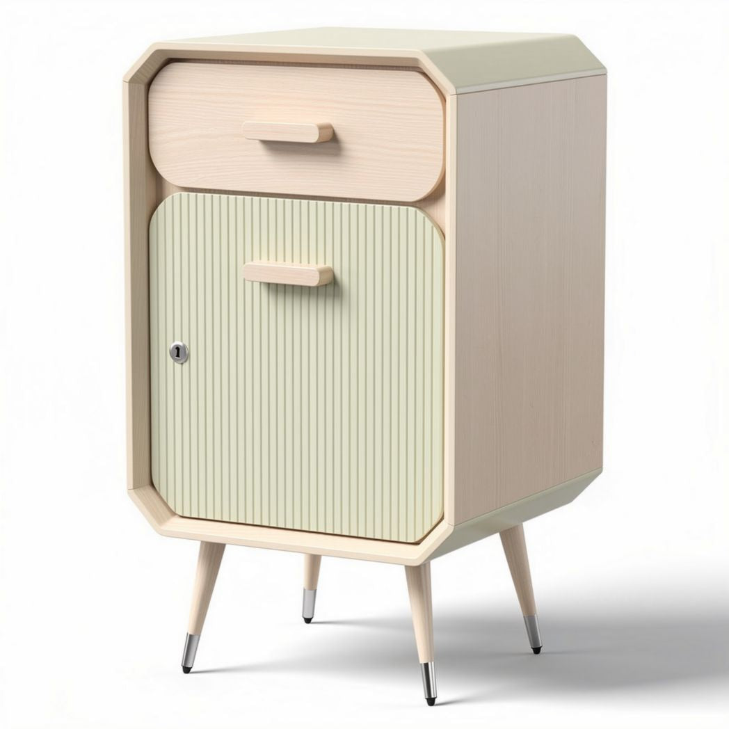 Wooden nightstand with drawer and cabinet storage in light green and beige 40 x 30 x 60cm