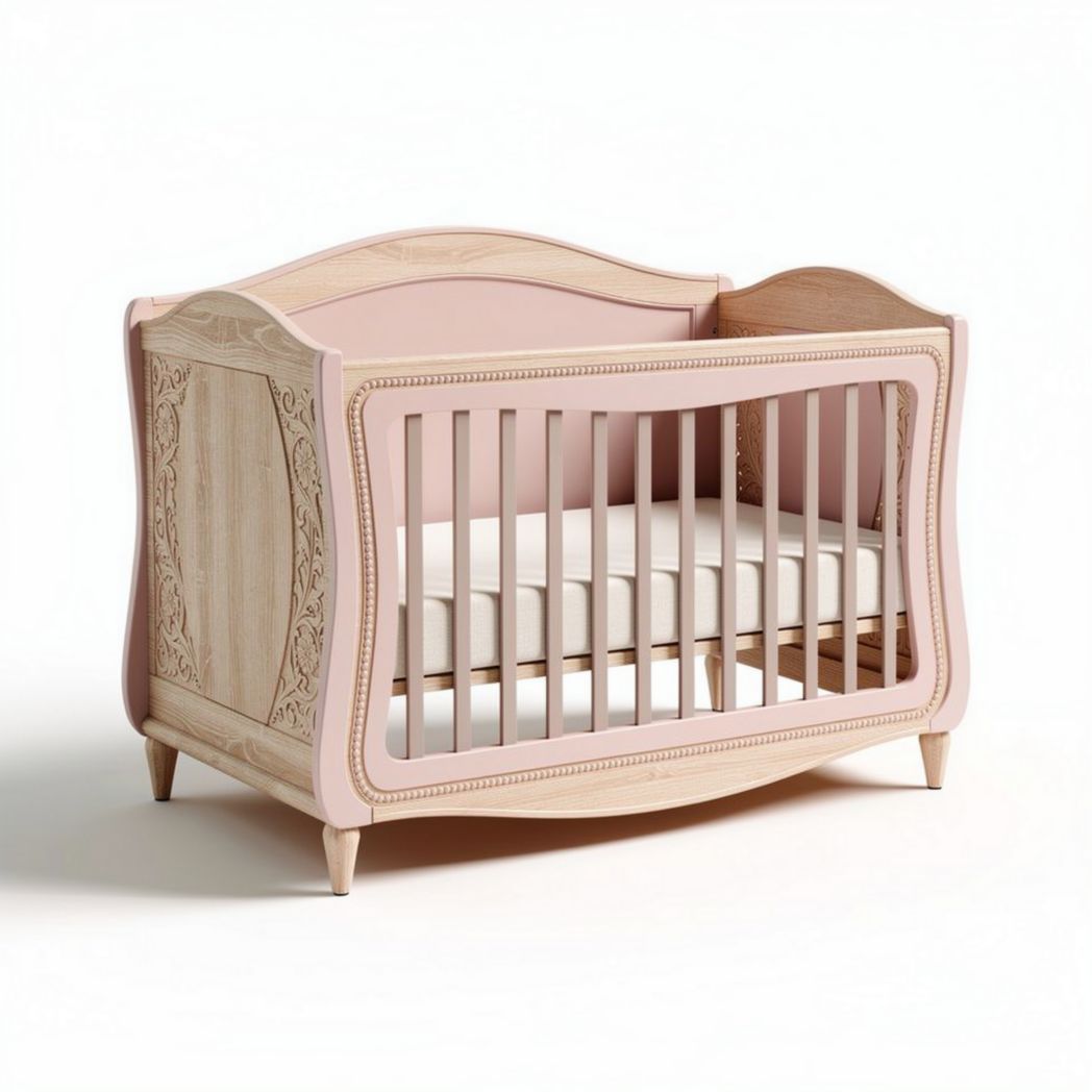Wooden crib with pink accents and decorative carvings 120 x 60 x 80cm