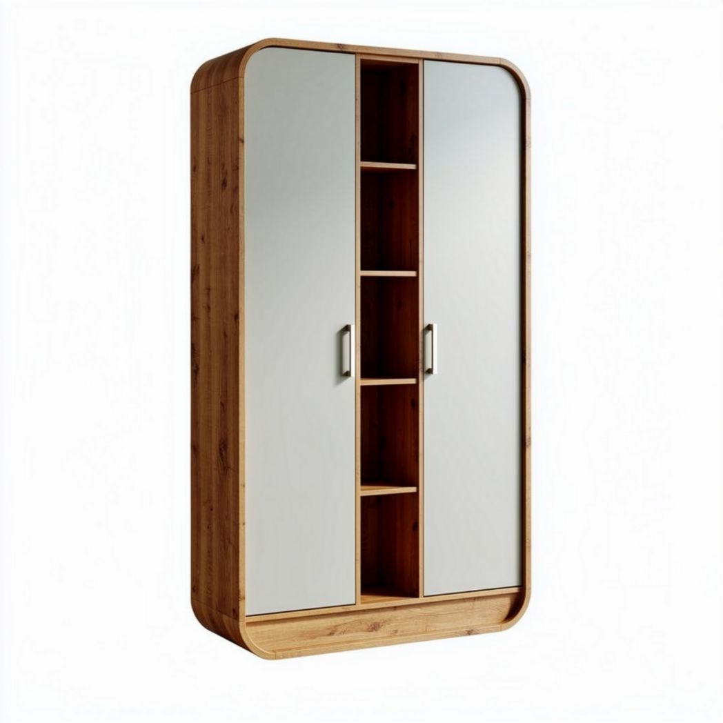 Bamboo storage cabinet with adjustable shelves and two mirrored doors 180 x 90 x 40cm