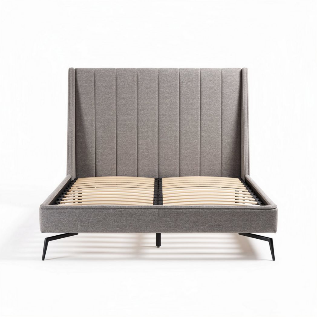 Upholstered grey bed frame with slatted base for contemporary bedrooms