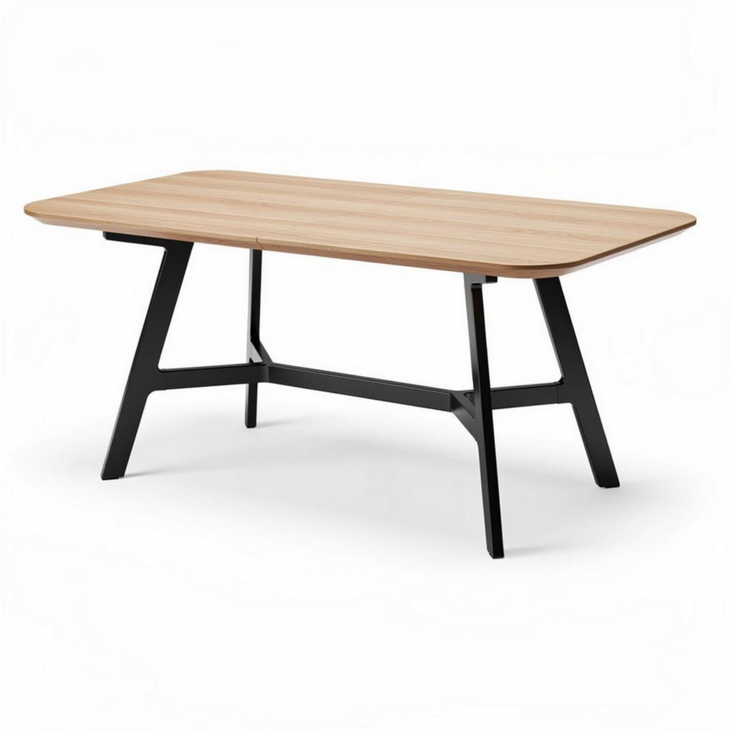 Wooden dining table in natural finish with black metal legs 180 x 90 x 75cm