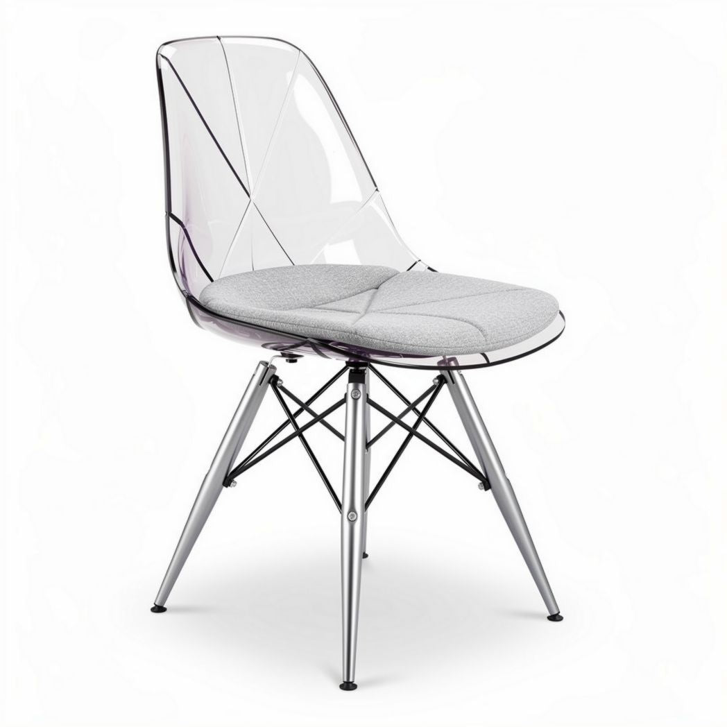 Transparent dining chair with grey cushioned seat and chrome legs 45 x 45 x 85cm
