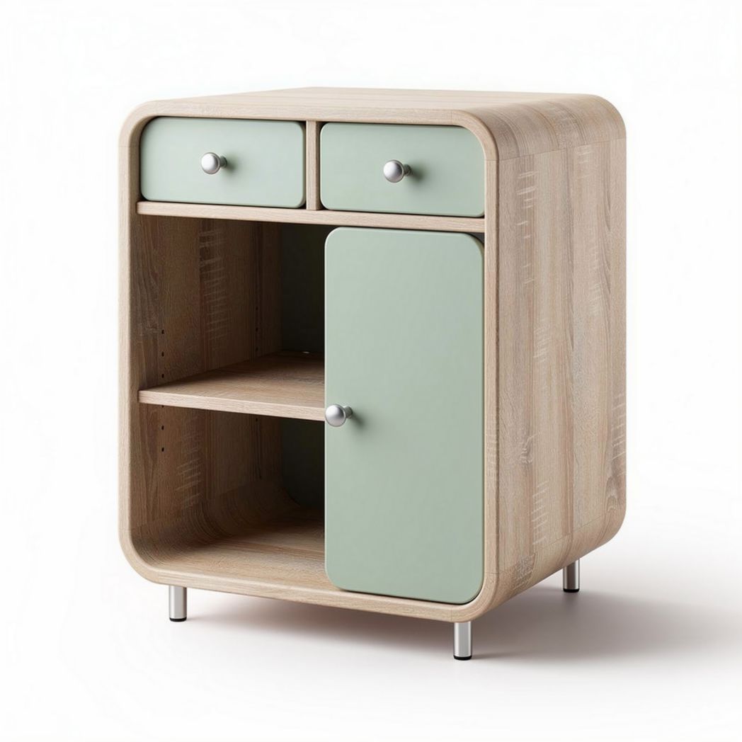 Wooden bedside table with two drawers and single door in green 40 x 40 x 50cm